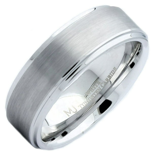 8mm White Tungsten Carbide Brushed Wedding Ring Recessed Edge